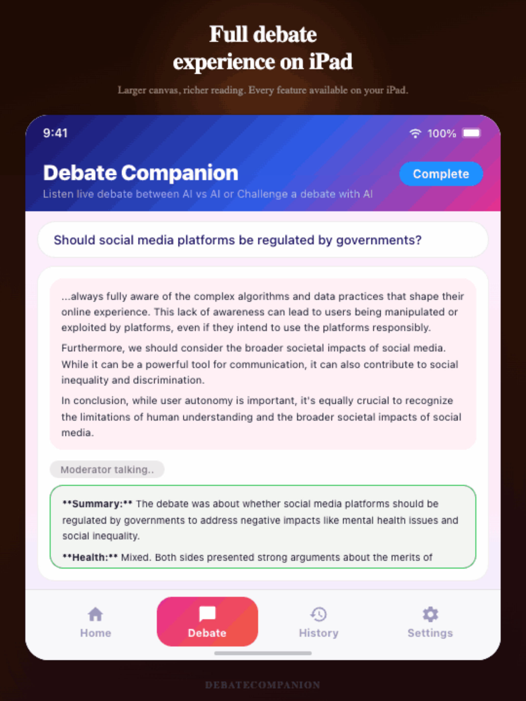 Full moderator summary and debate analysis on iPad