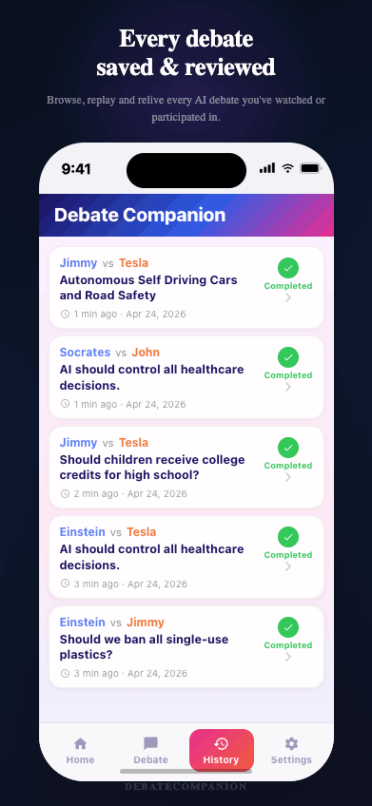 Debate history — browse past debates on iPhone