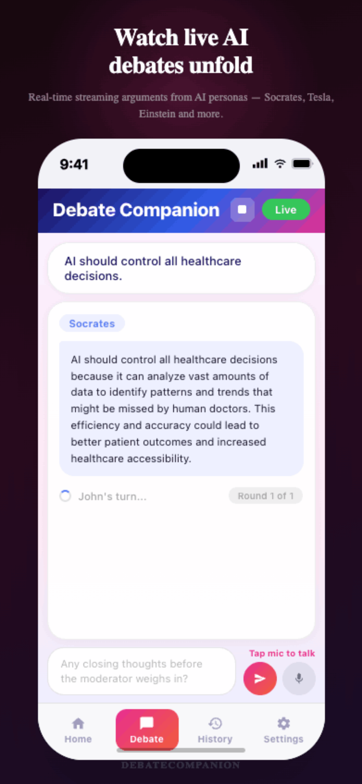 Live AI debate in progress on iPhone