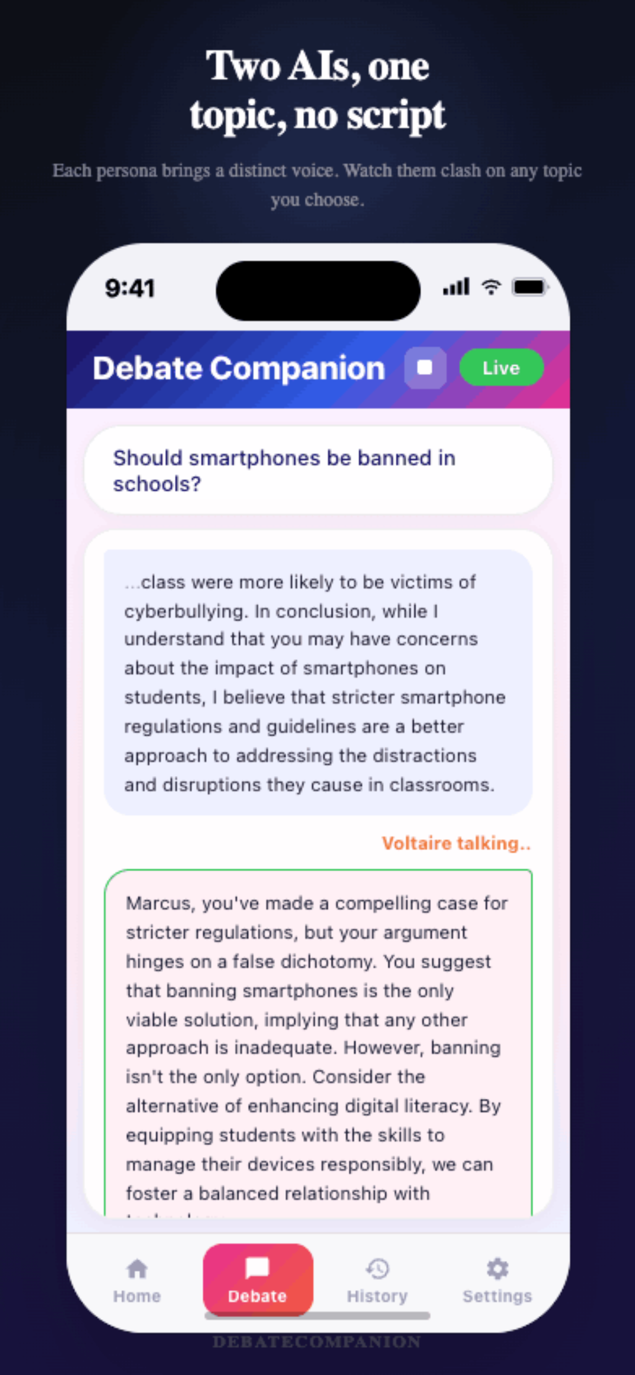 AI vs AI debate — two AI personas argue in real time