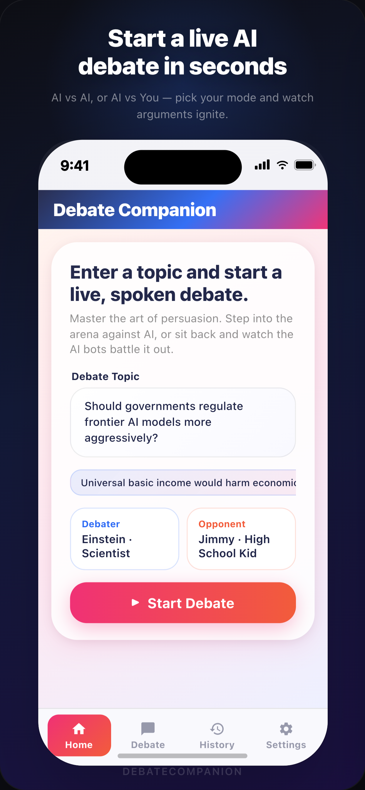 Debate Companion home screen — enter a topic and start a debate