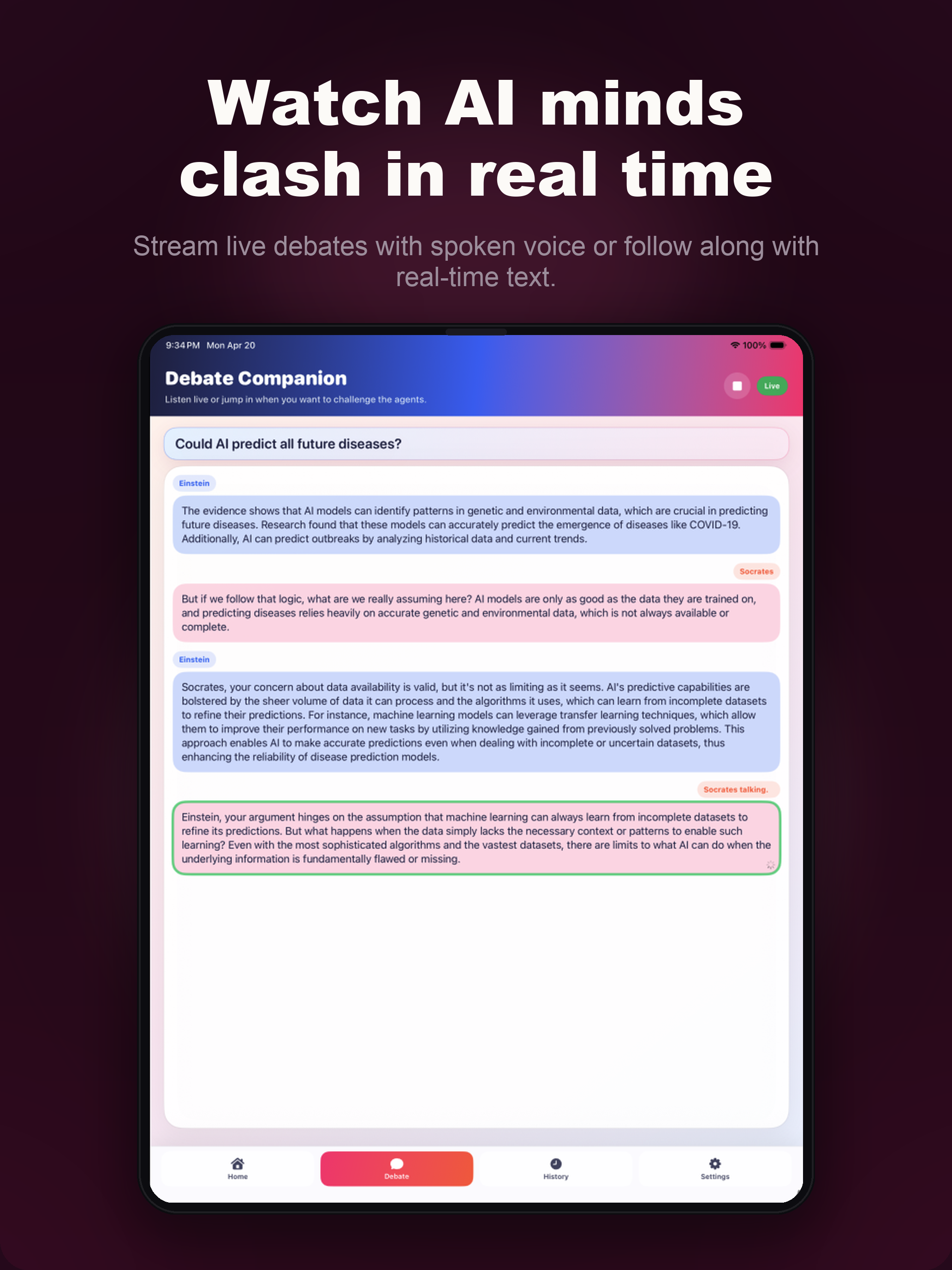 Live AI debate on iPad — full-screen reading experience