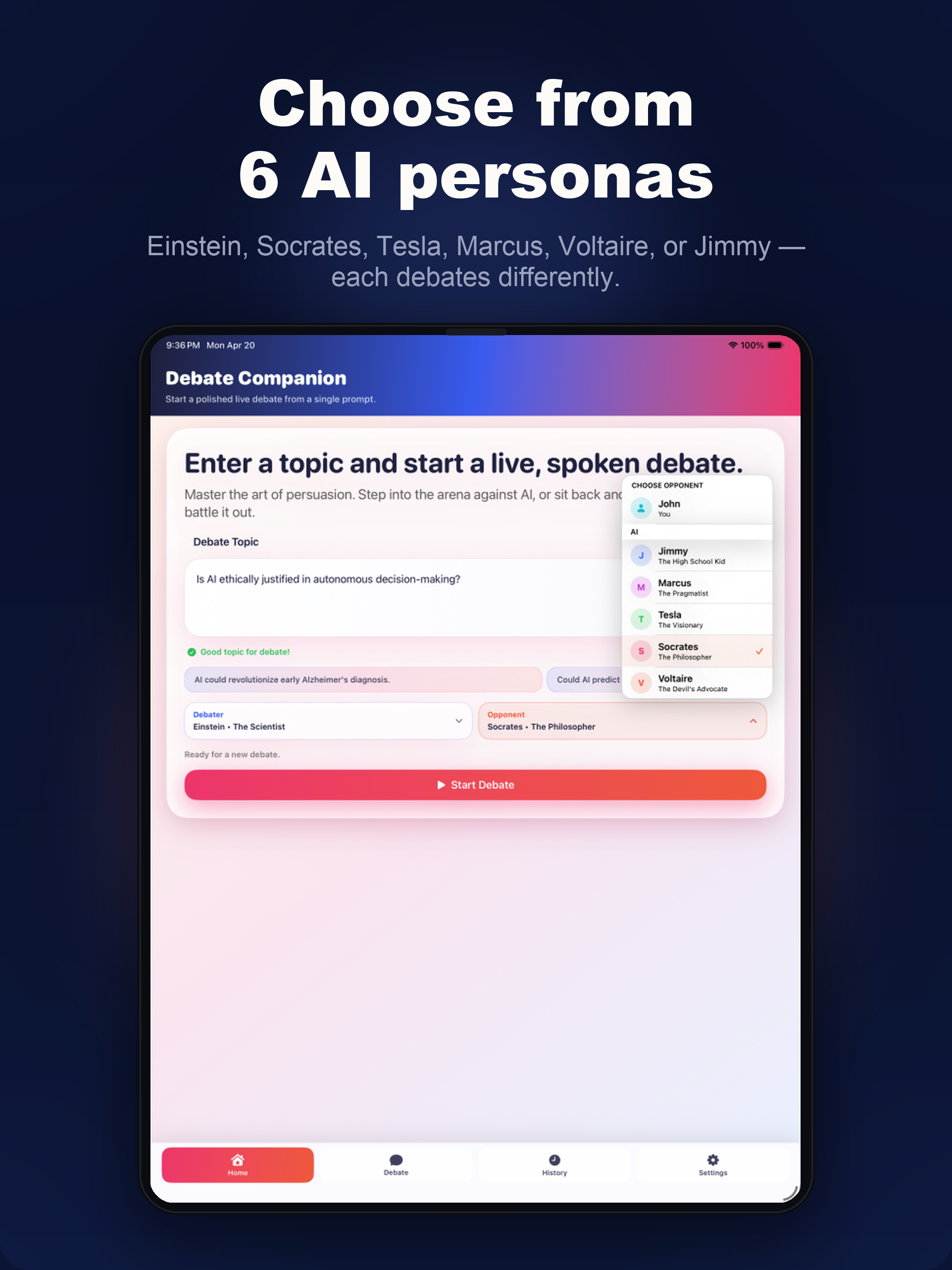 AI debate persona selection on iPad