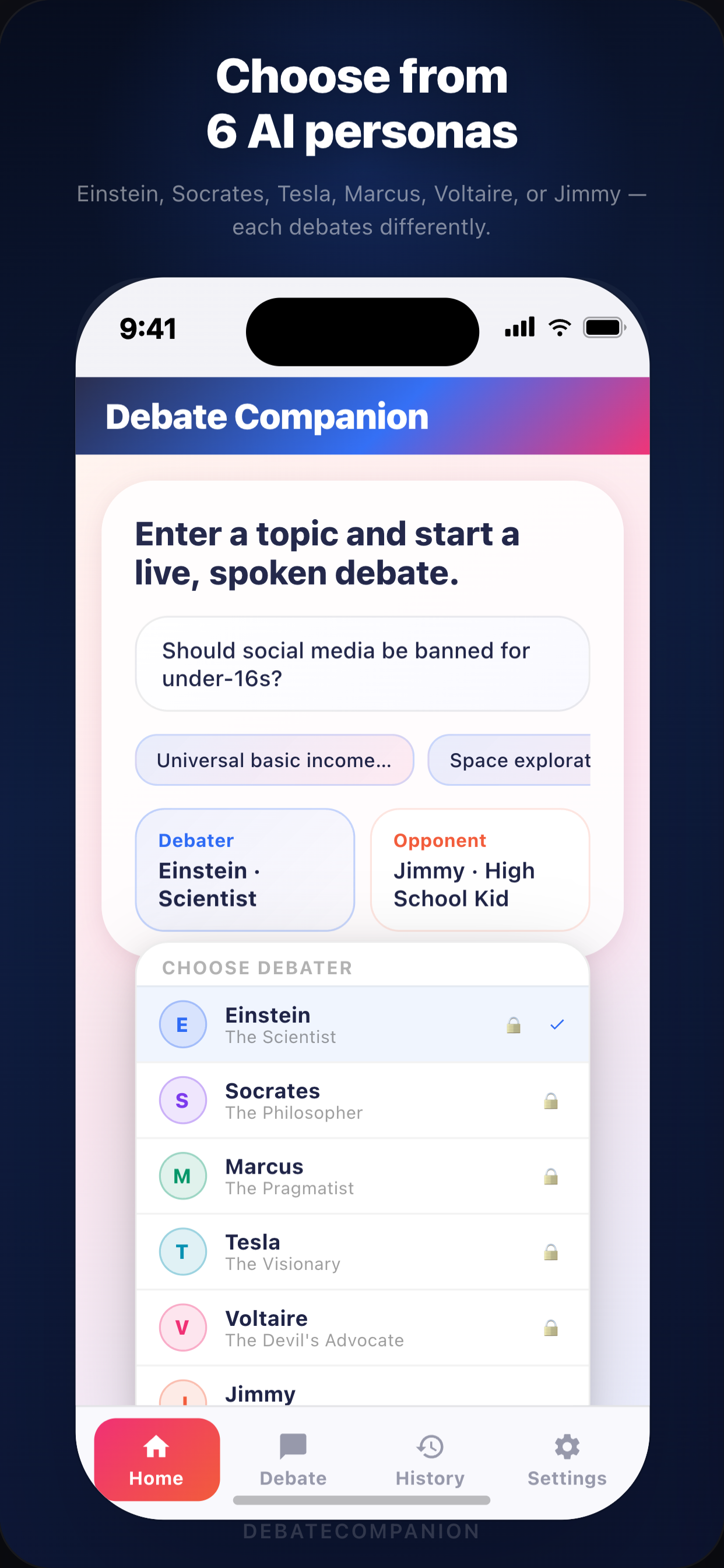 Choose AI debate personas on iPhone